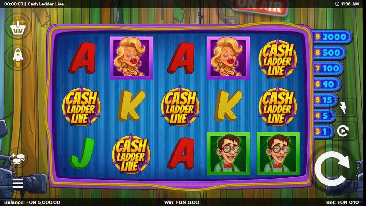 Tampilan antarmuka slot Cash Ladder Live dengan tema studio televisi