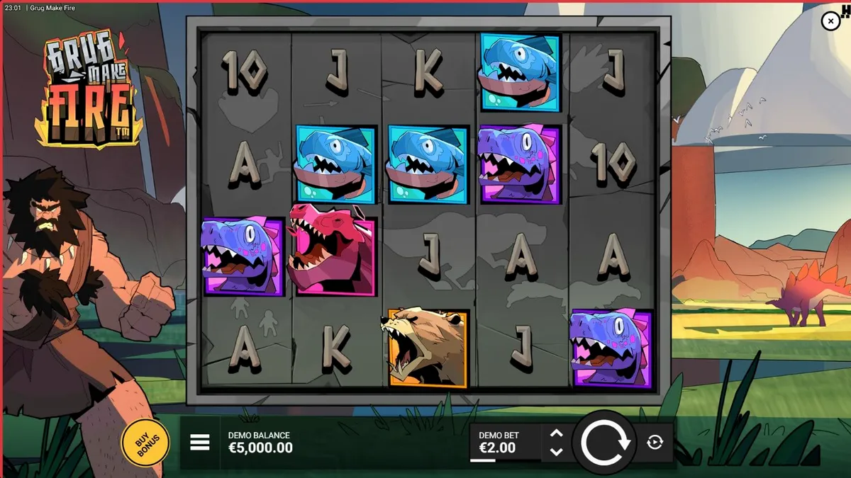 Grug Make Fire slot game interface showing prehistoric caveman theme