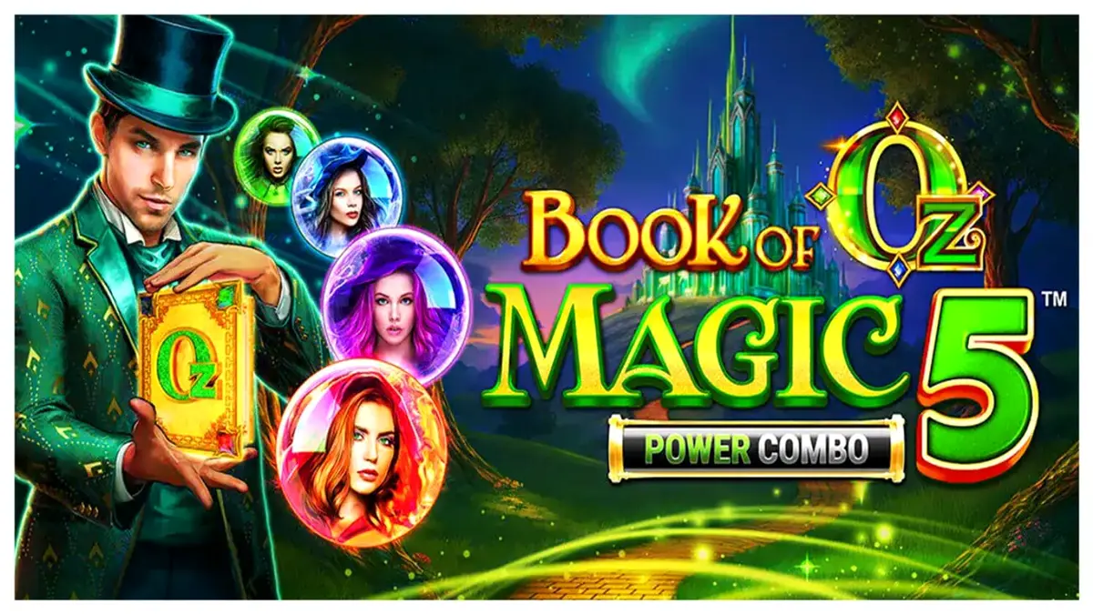 Tampilan visual slot Book of Oz Magic 5 Power Combo dengan latar belakang jalan bata kuning yang ikonik.